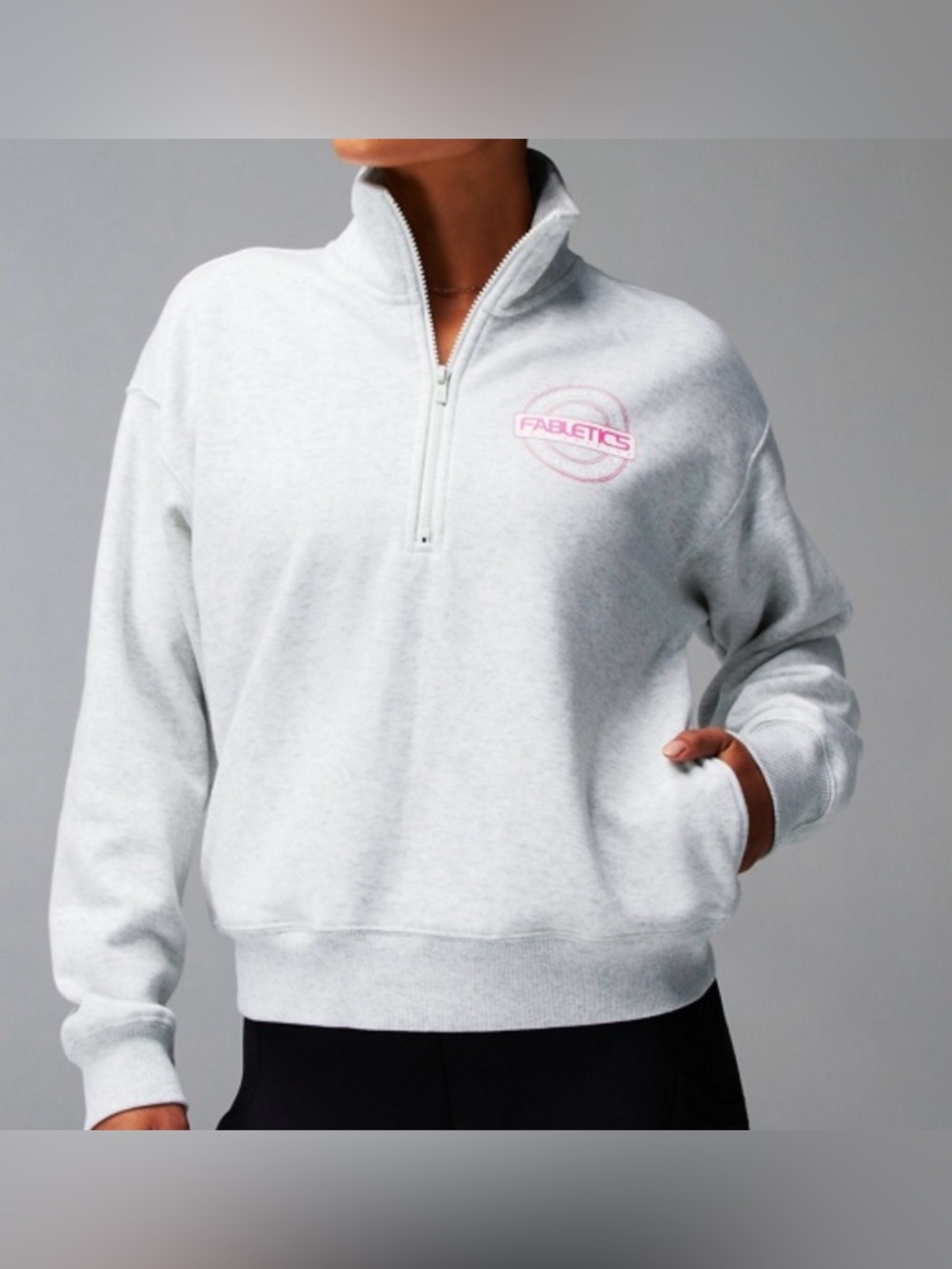 Fabletics Light Gray Quarter-Zip Pullover with Pink Logo